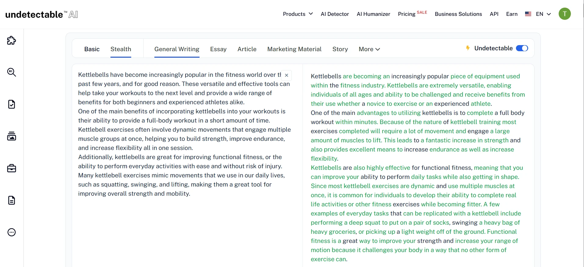 Undetectable.ai humanizer interface showing kettlebell rewrite
