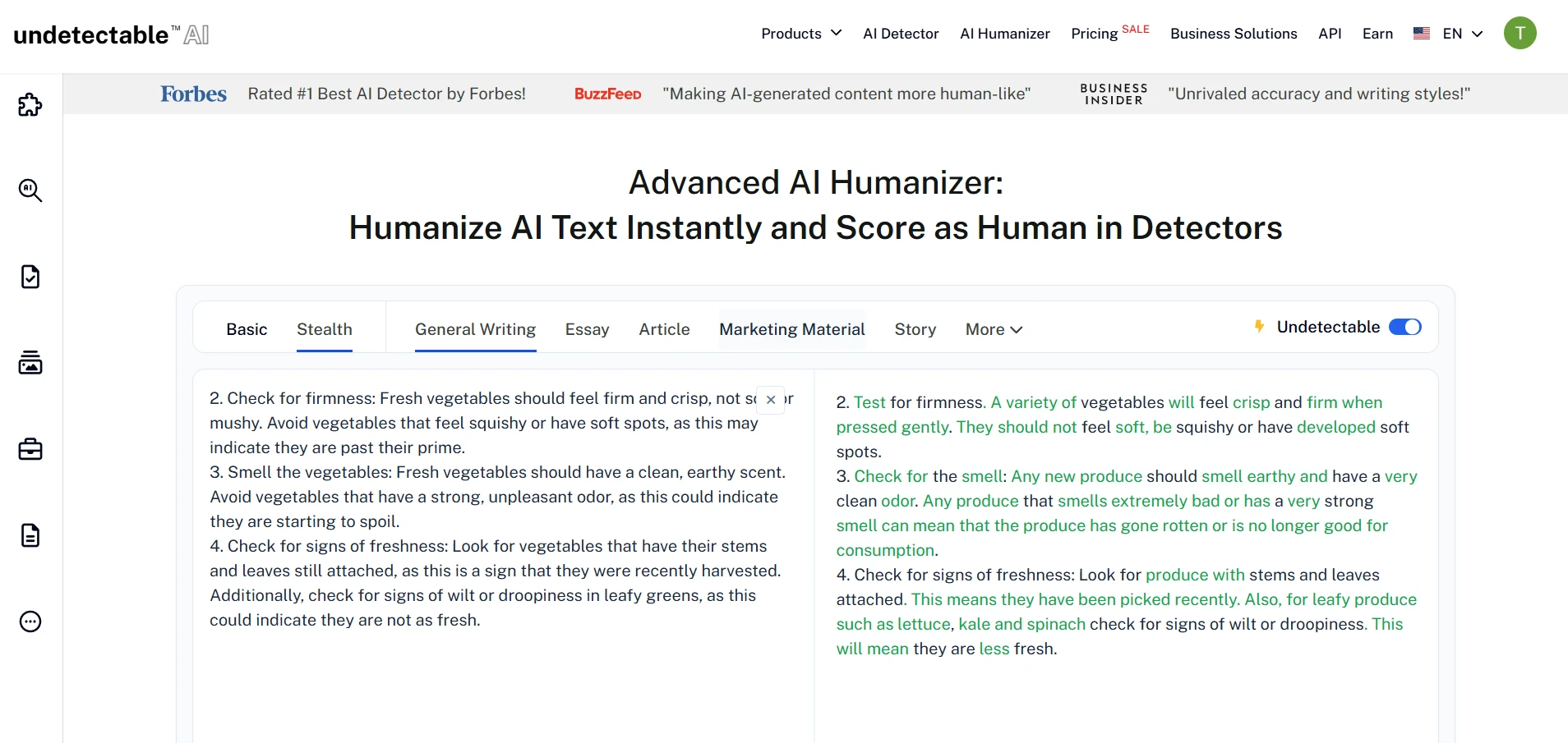 Undetectable.ai humanizer interface showing vegetable freshness rewrite
