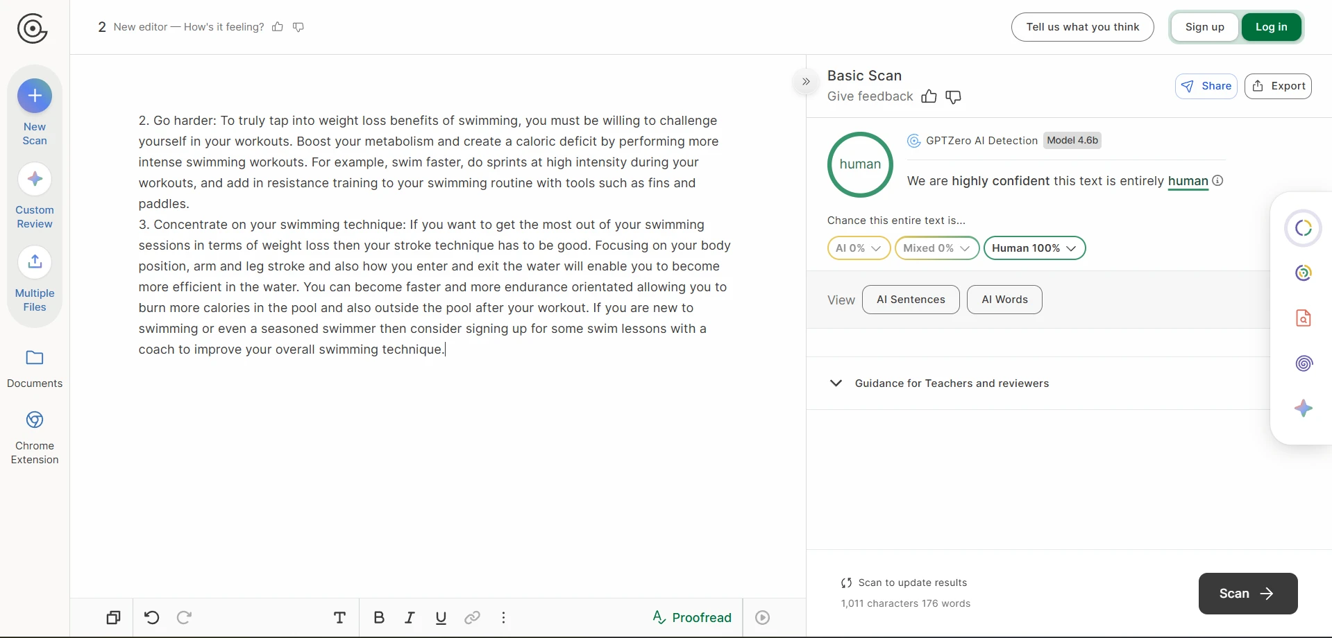 GPTZero scan result showing human score for swimming text