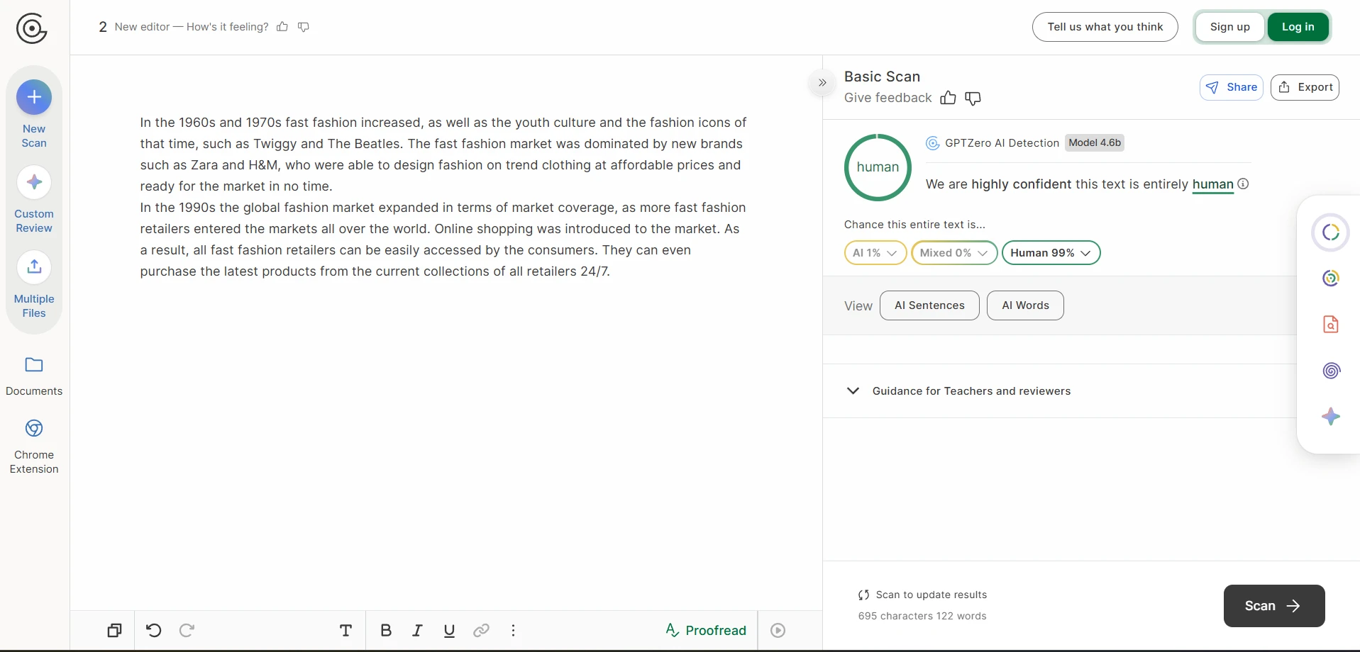 GPTZero scan result showing human score for fast fashion text