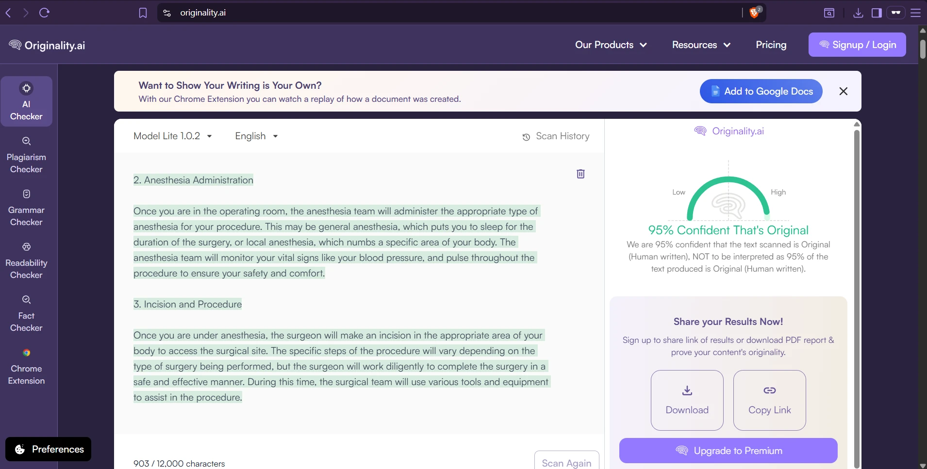 Originality AI scan result showing high human score 1
