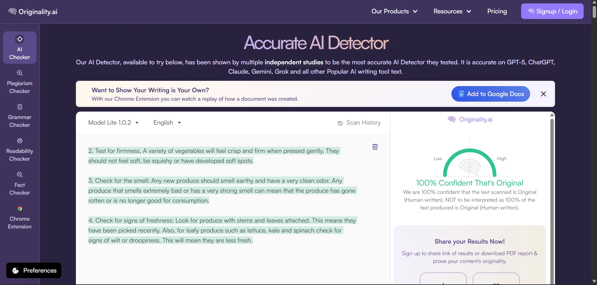 Originality AI scan result showing high human score 4