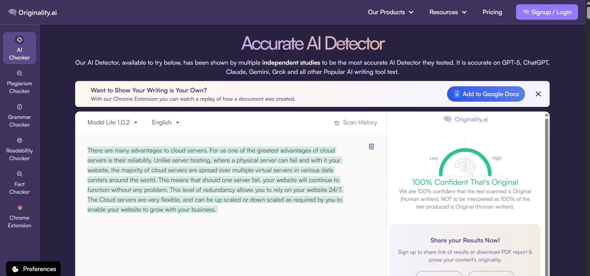 Originality AI scan result showing high human score 5