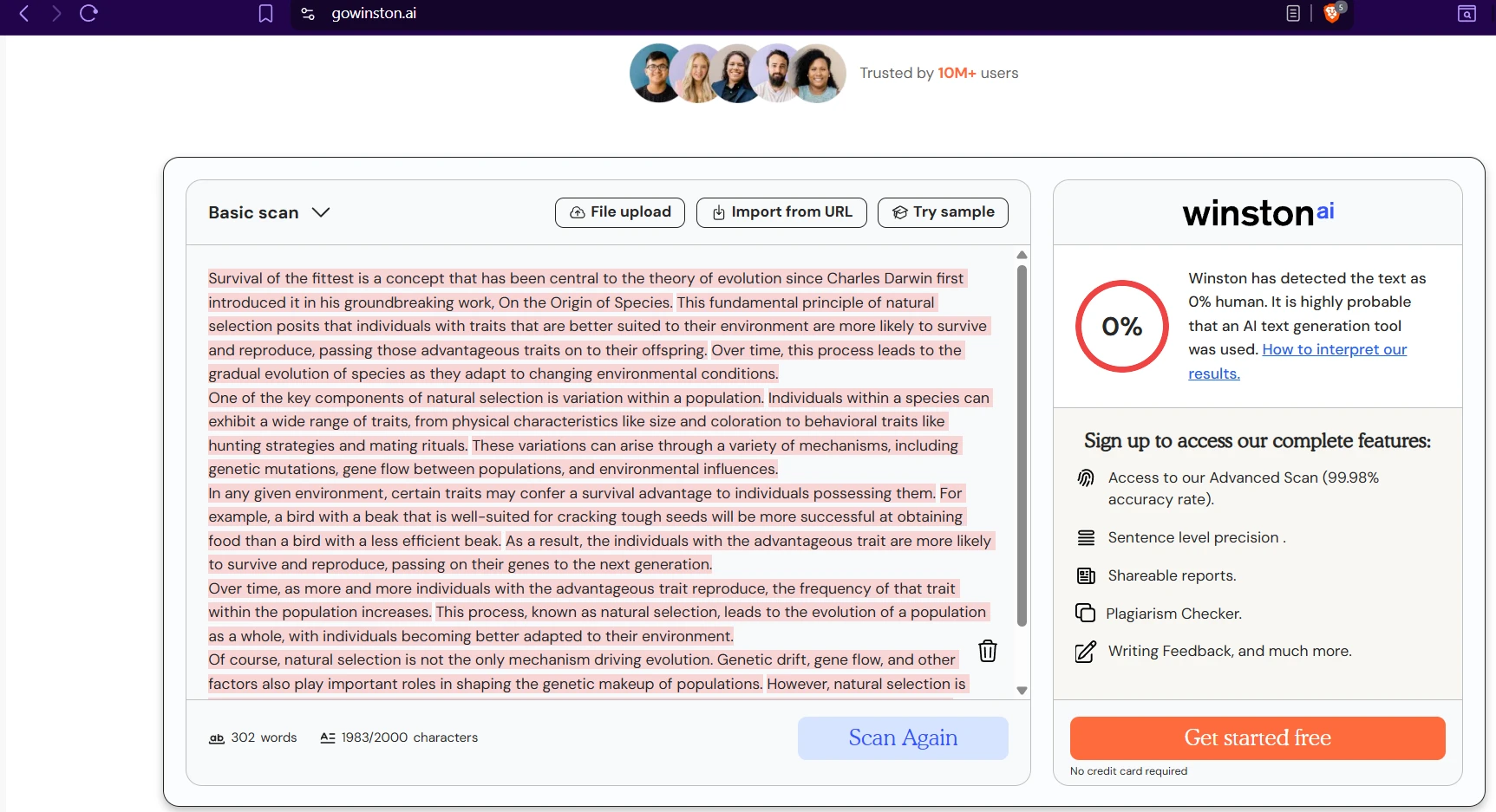 Winston AI strongly flagging an AI sample