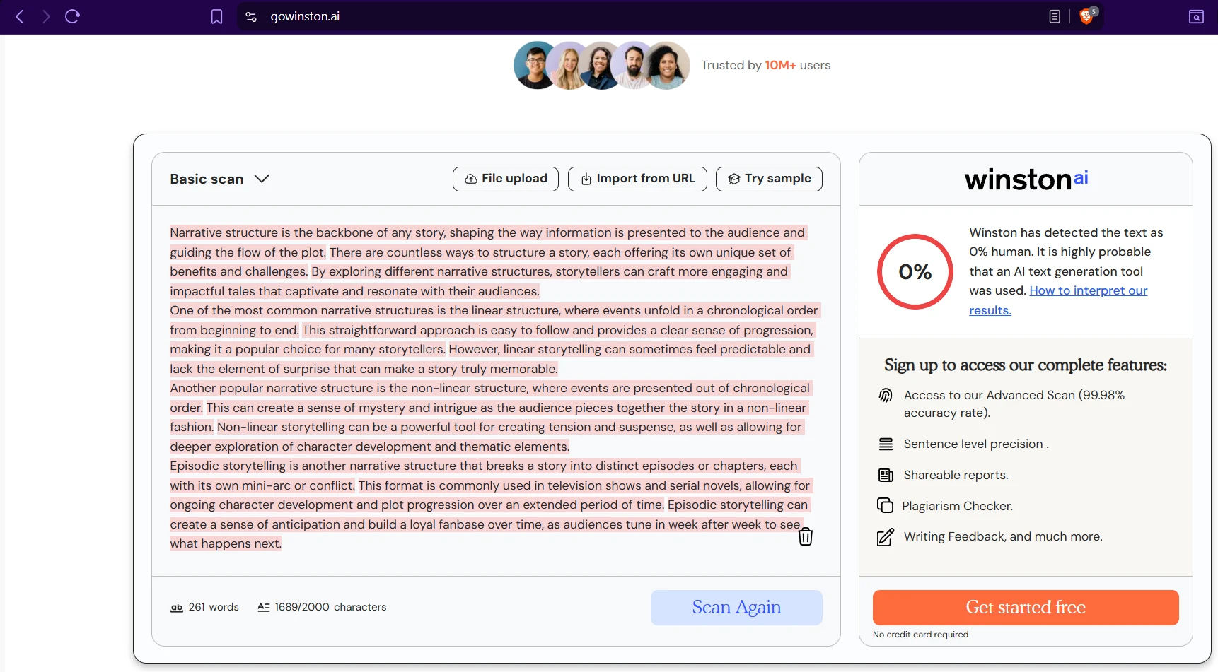 Winston AI giving a high human score to an AI sample