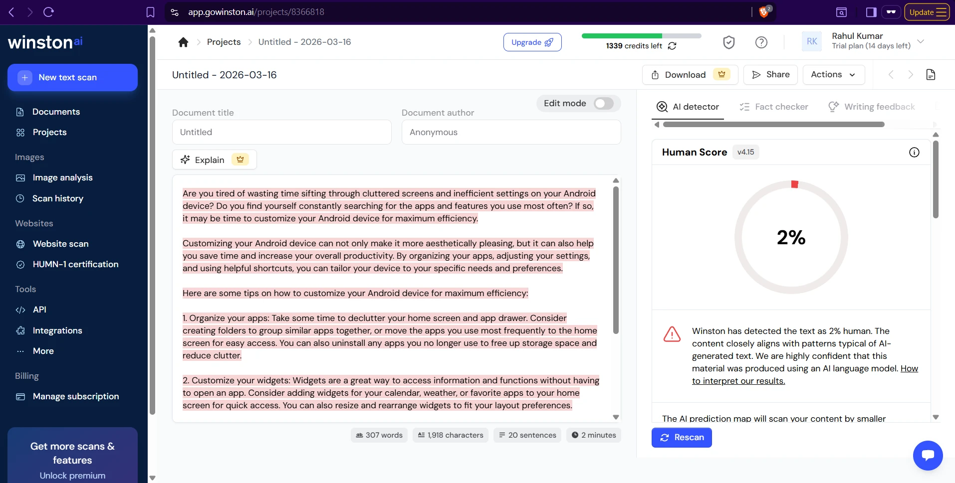 Winston AI detector marking an Android customization sample as 2 percent human