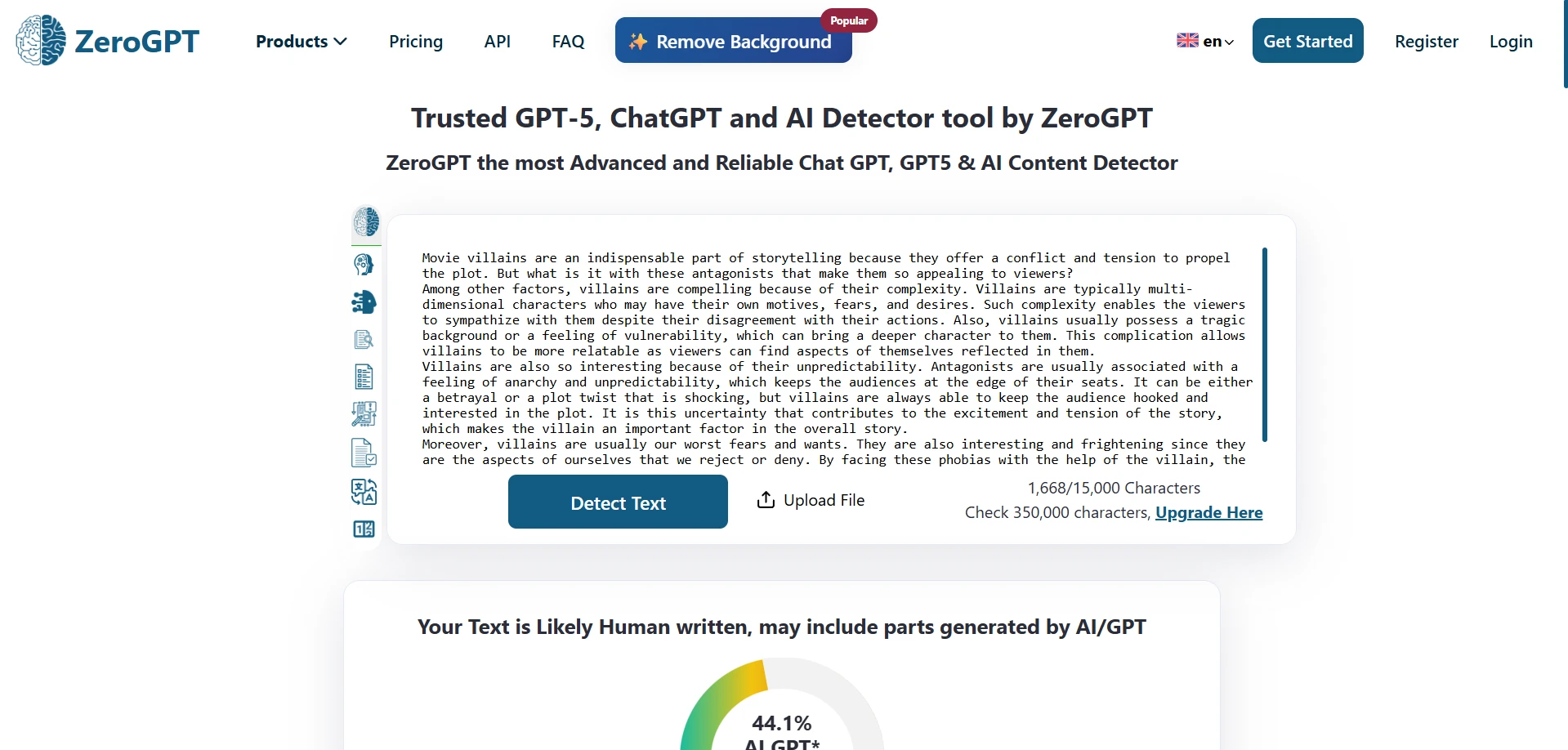 ZeroGPT result showing 44.1 percent AI