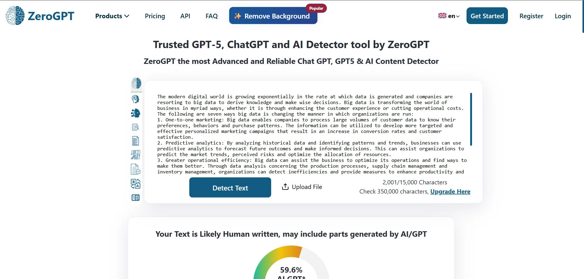 ZeroGPT result showing 59.6 percent AI